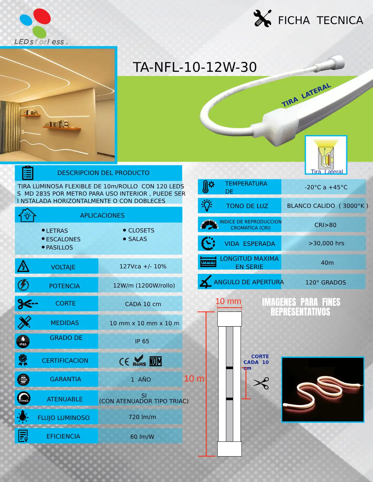 Tira LED Neón Flexible para Interior (12W/m) – Blanco Cálido 3000°K Serie TA-NFL-10-12W-30