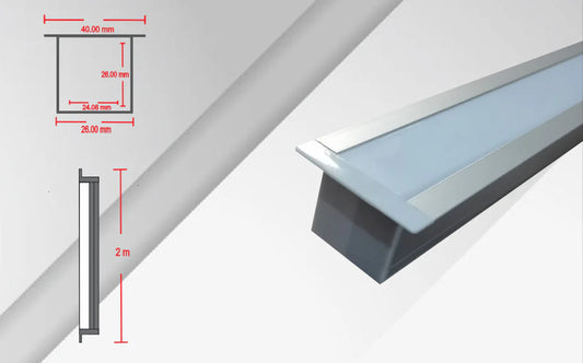 Perfil de Aluminio para Empotrar de Alta Potencia CA-2626-E | Canaleta LED 26x26mm (22W/m) - 2m
