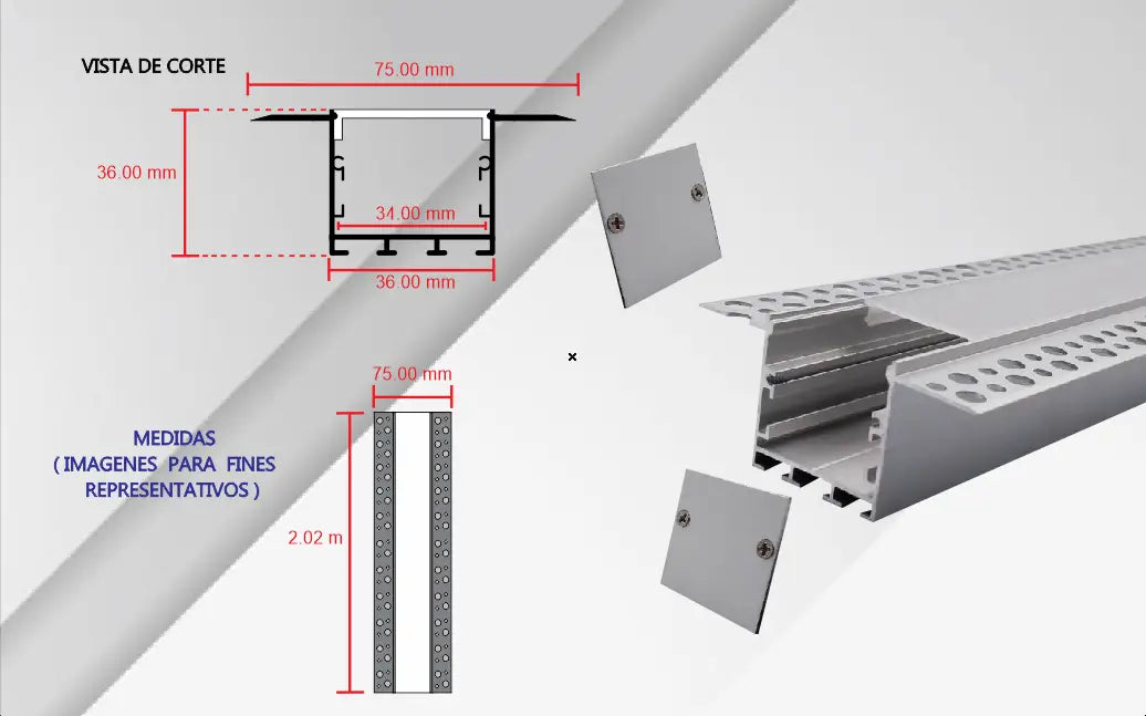 Perfil de Aluminio Trimless Wall Washer CA-3033-Y | Canaleta LED para Enyesar 34mm