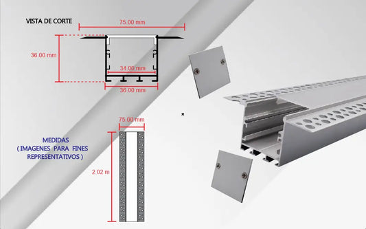 Perfil de Aluminio Trimless Wall Washer CA-3033-Y | Canaleta LED para Enyesar 34mm
