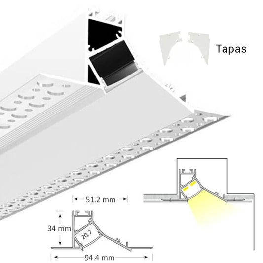 Perfil de Aluminio "Trimless" Bañador de Muros (1m) – CA-BM-1857-Y1 para Plafón de Tablaroca