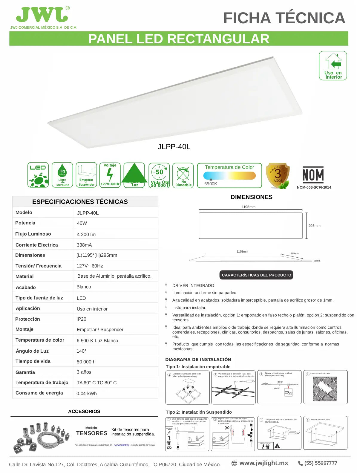 Panel LED Rectangular Profesional 40W – 120x30 cm Serie JLPP-40L