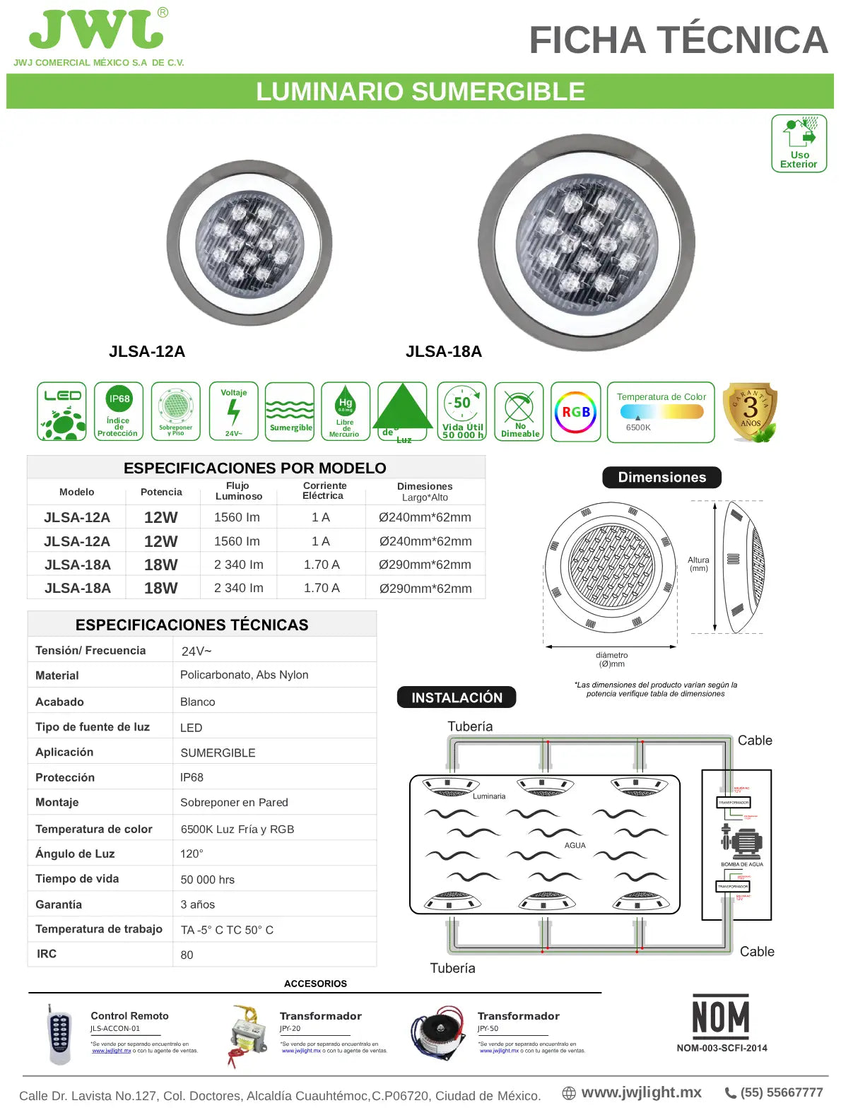 Luminario LED Sumergible RGB/Blanco Frío 18W – Serie JLSA-18A