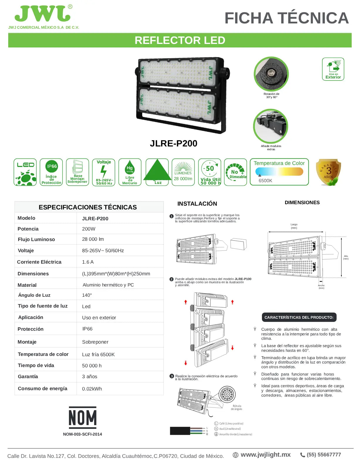 Reflector LED Modular de 200W – 28,000 Lúmenes Serie JLRE-P200 Profesional