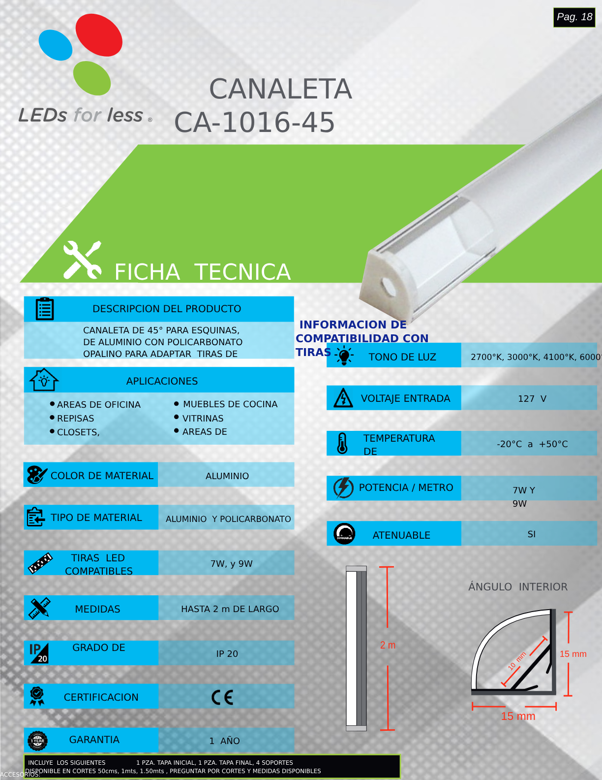 CA-1016-45 PERFIL ALUMINIO PARA TIRA LED DE SOBREPONER