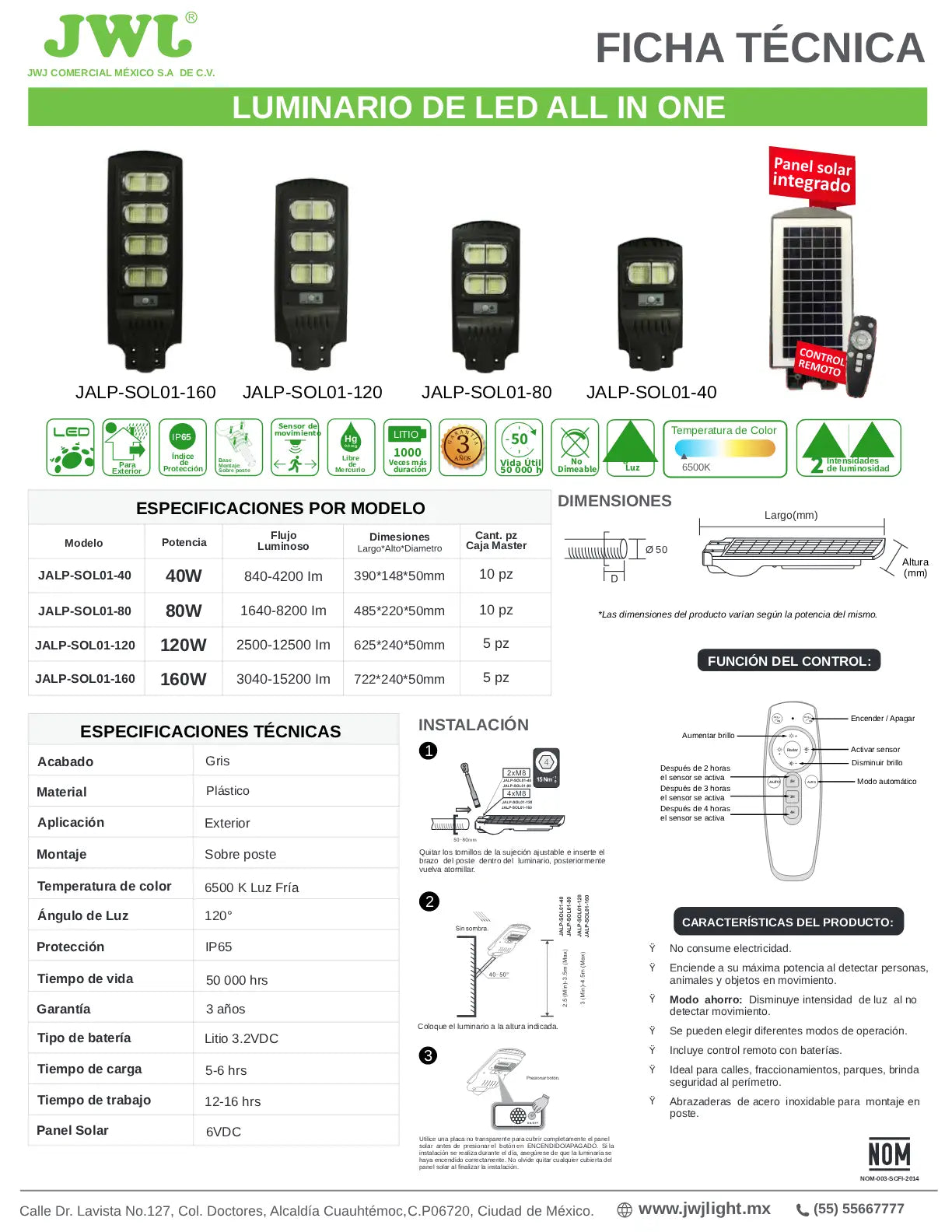 Luminaria LED Solar All In One 160W Profesional – Serie JALP-SOL01-160