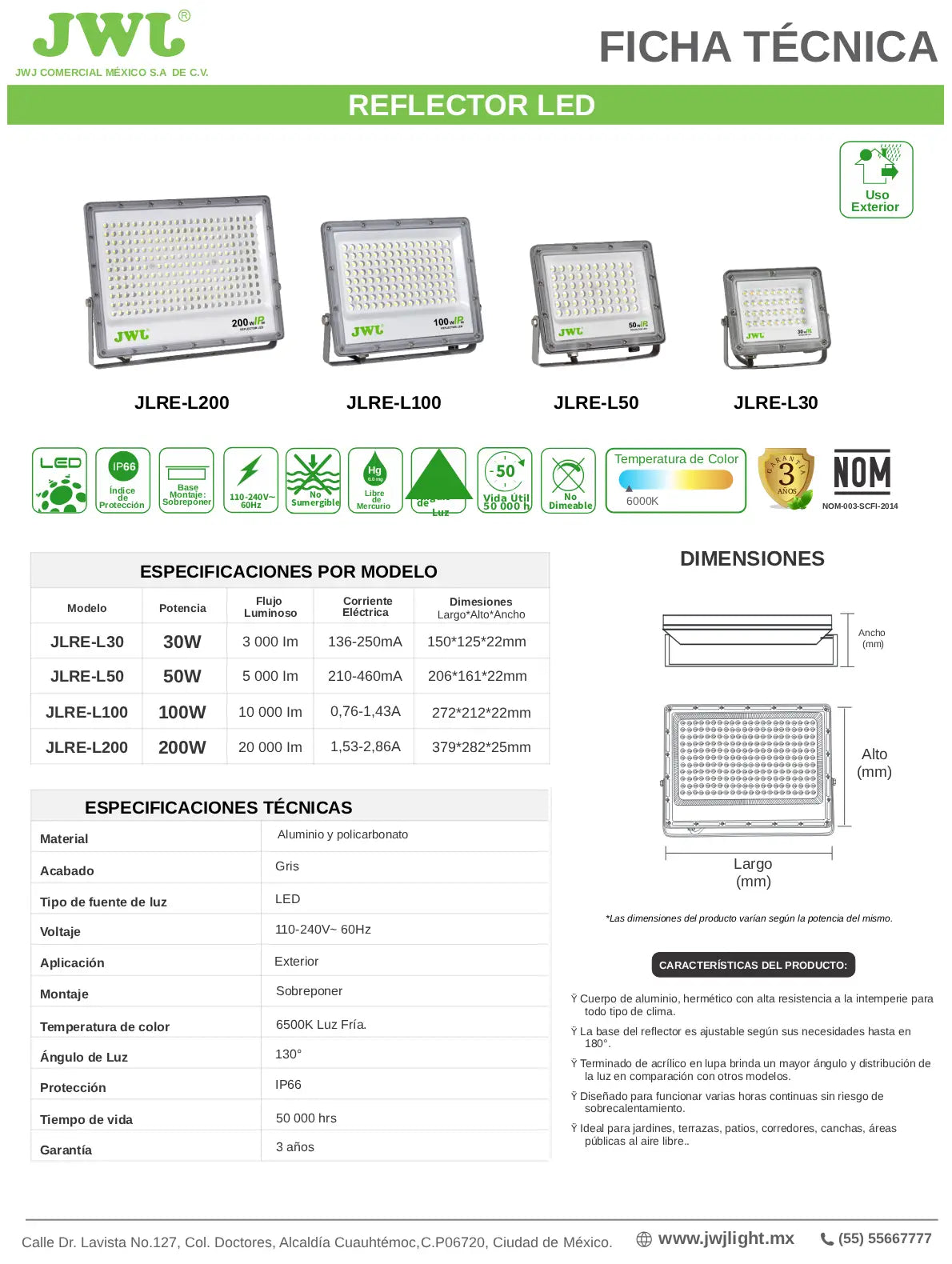 Reflector LED Profesional de 100W – Serie JLRE-L100 con Lupa de Policarbonato