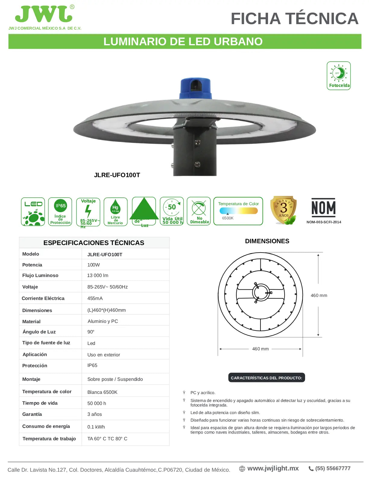 Luminario LED Urbano UFO 100W con Fotocelda Integrada – Serie JLRE-UFO100T
