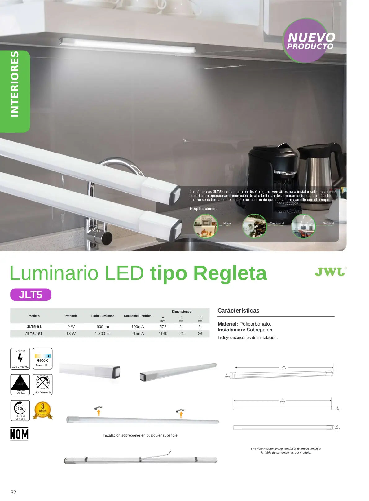 Luminario LED Tipo Regleta 9W (57cm) – Blanco Frío 6500°K Serie JLT5-91