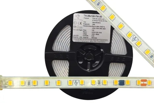Tira LED Profesional 2700°K Blanco Cálido (7W/m) – Ultra Delgada 8mm Serie TA-28x120-7W-27