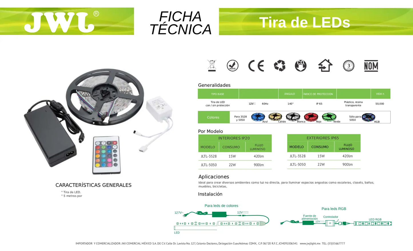 Tira de LED Flexible 12V (5m) IP65 – 22W Alta Eficiencia Serie JLTL-5050